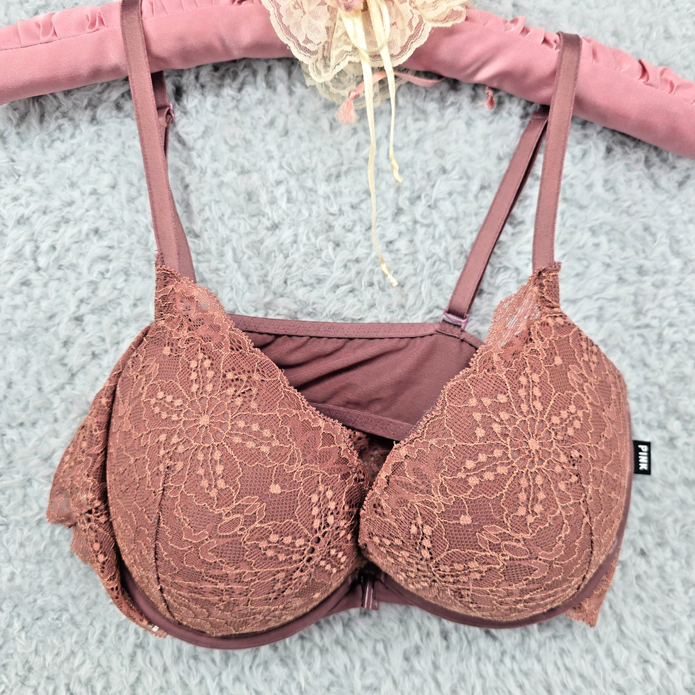 Victoria’s Secret PINK Bra 34C Date Super Push-Up Brown Pink Lace Front Close
